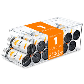 SCAVATA skinny can organizer front view, clear bin keeps 12 slim cans within easy reach.