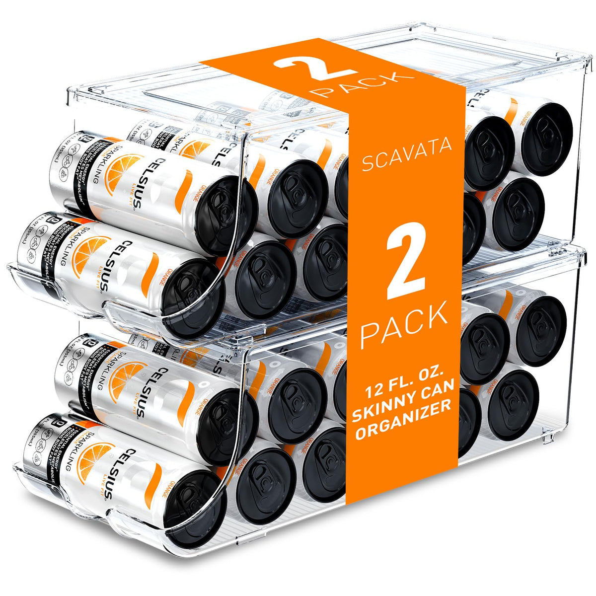 SCAVATA skinny can organizer front view with 12-can capacity for fridge organization
