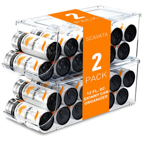 SCAVATA skinny can organizer front view with 12-can capacity for fridge organization