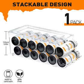 SCAVATA skinny can organizer in fridge demonstrates space-saving stack design.