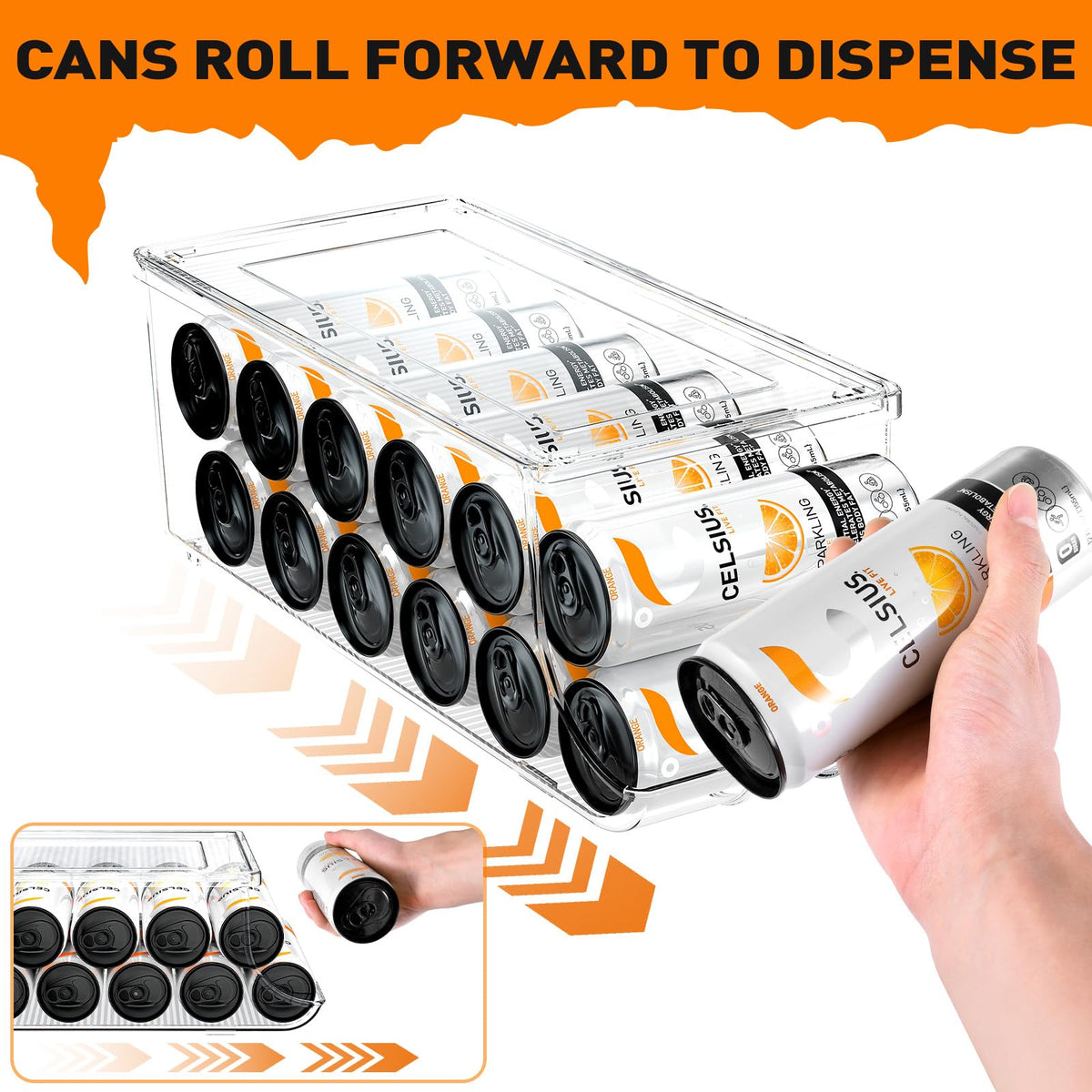 SCAVATA skinny can organizer lid-open view illustrating easy access and rolling storage