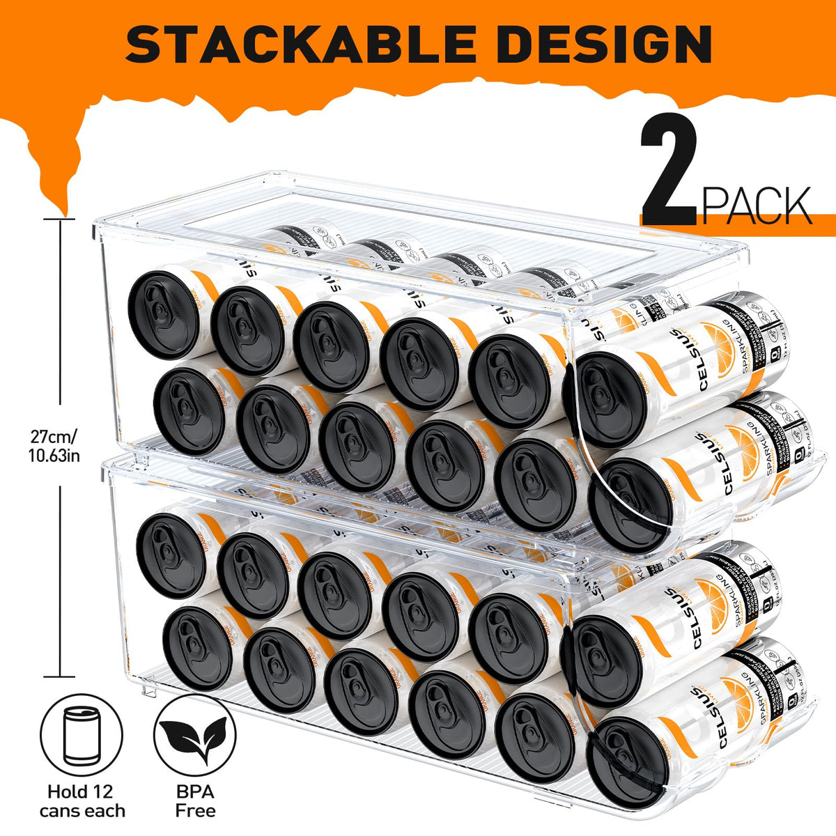 SCAVATA skinny can organizer side view showing stackable design for pantry efficiency