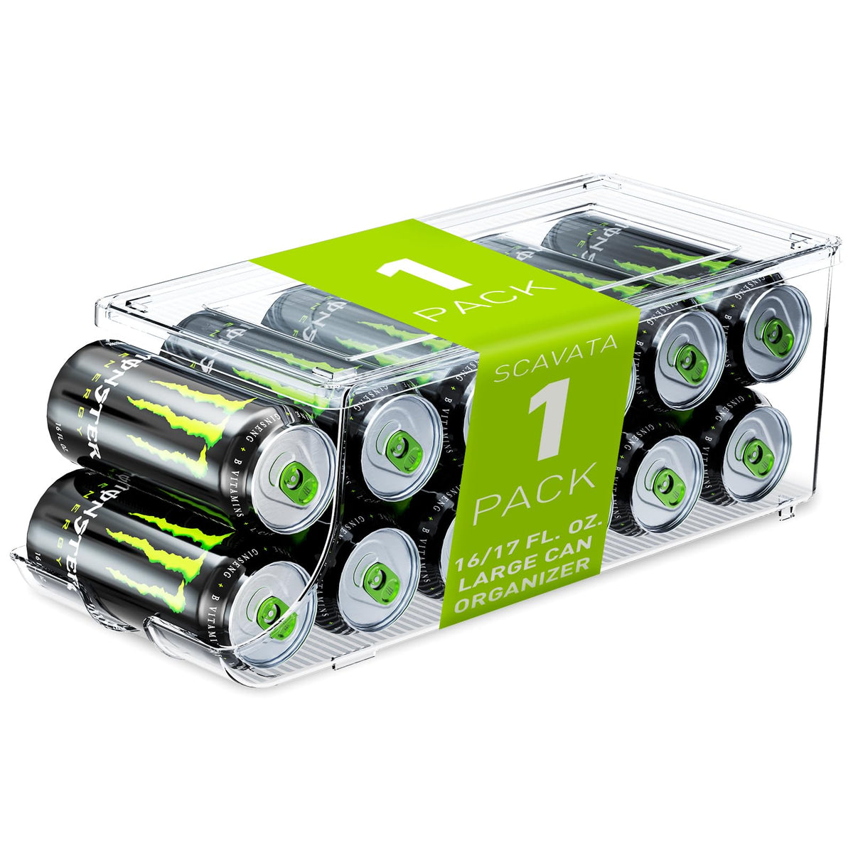 SCAVATA soda can organizer tall cans rack keeps fridge tidy and accessible.