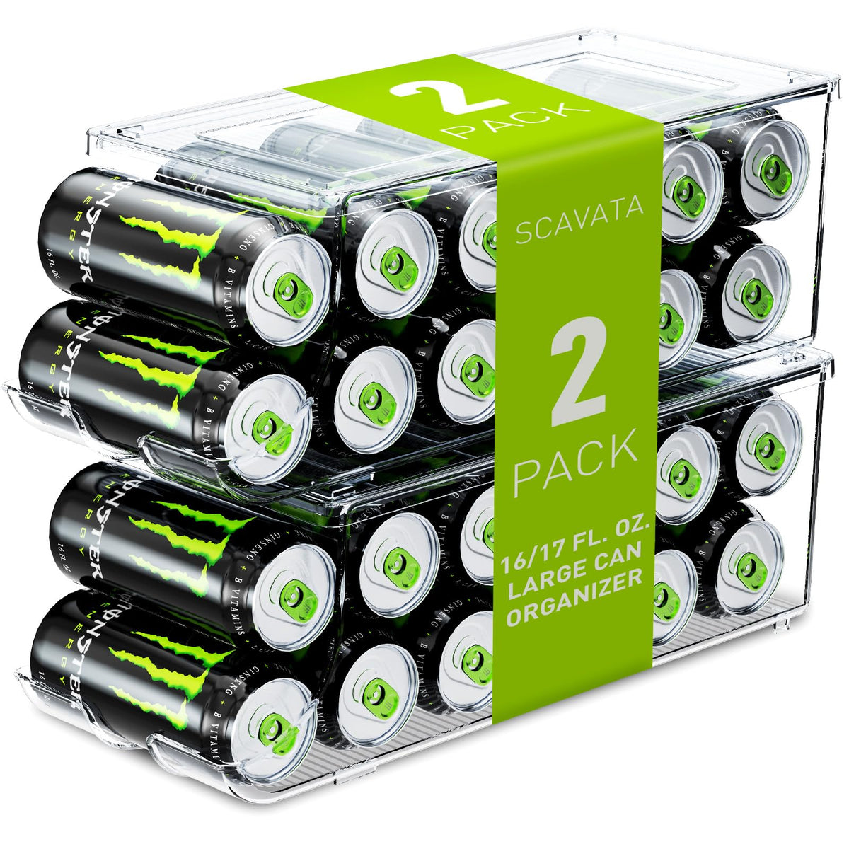 SCAVATA tall skinny can organizer two-pack keeps 16–17 oz cans neatly aligned in fridge.