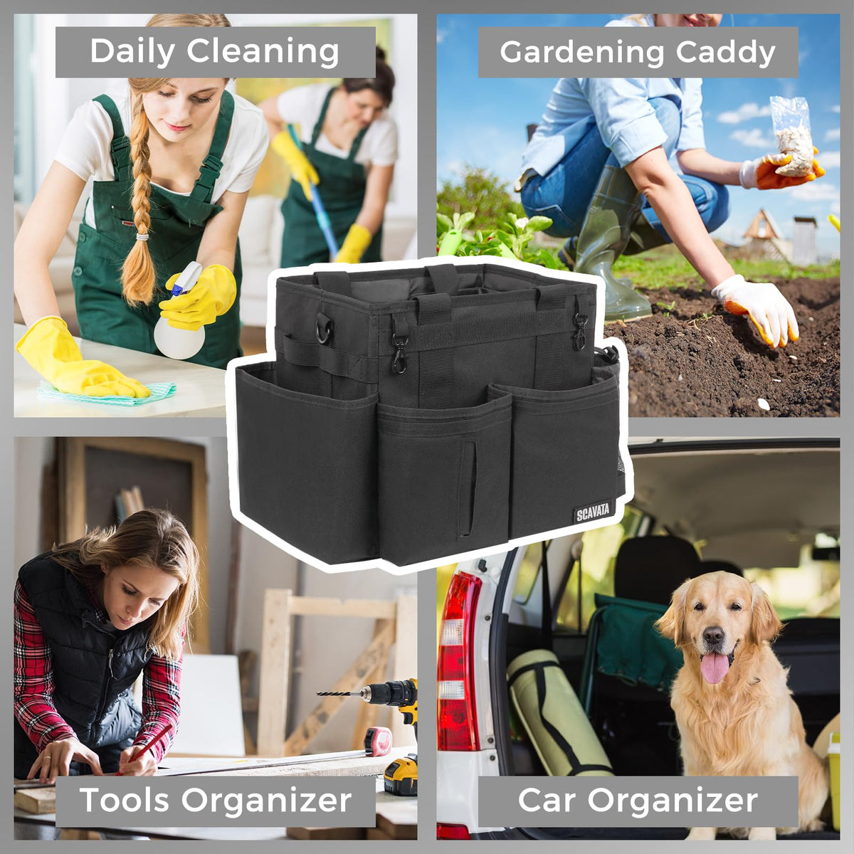 SCAVATA versatile carrier for housework, car cleaning, and garden tasks.