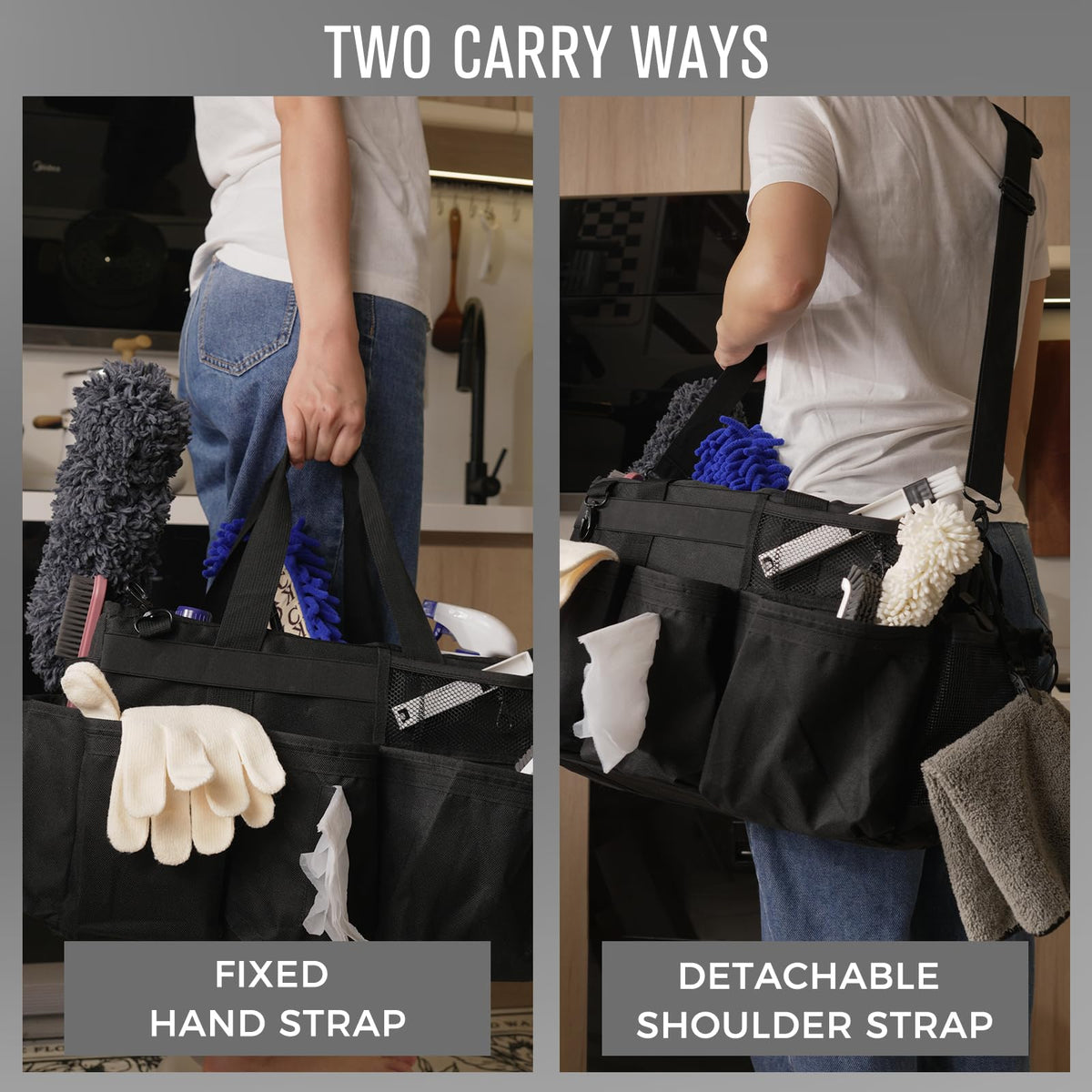 SCAVATA outer pockets and trash bag dispenser aid tool access.