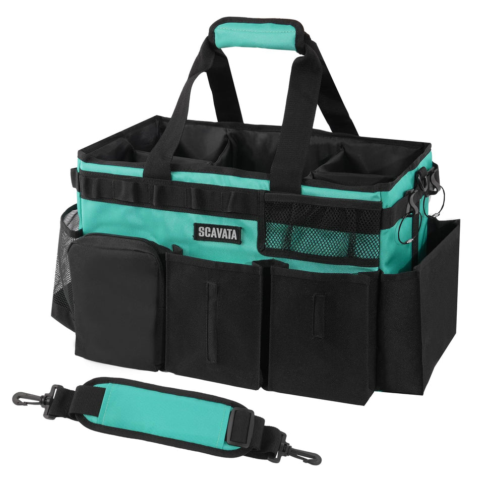 SCAVATA Wearable Cleaning Caddy Bag front view with organized compartments.