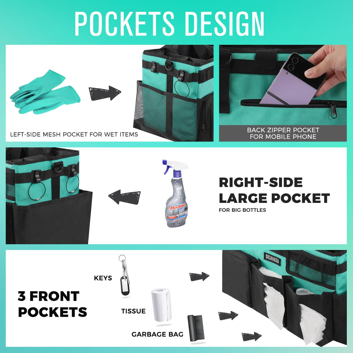 SCAVATA Wearable Caddy adjustable shoulder strap enables comfortable hands-free cleaning.