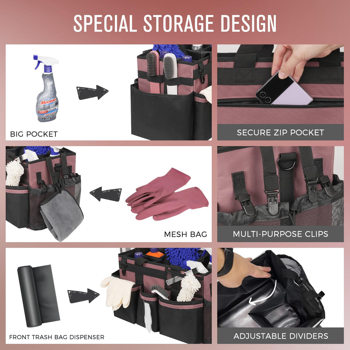 SCAVATA wearable cleaning caddy with handle and adjustable straps for comfortable cleaning on the go.