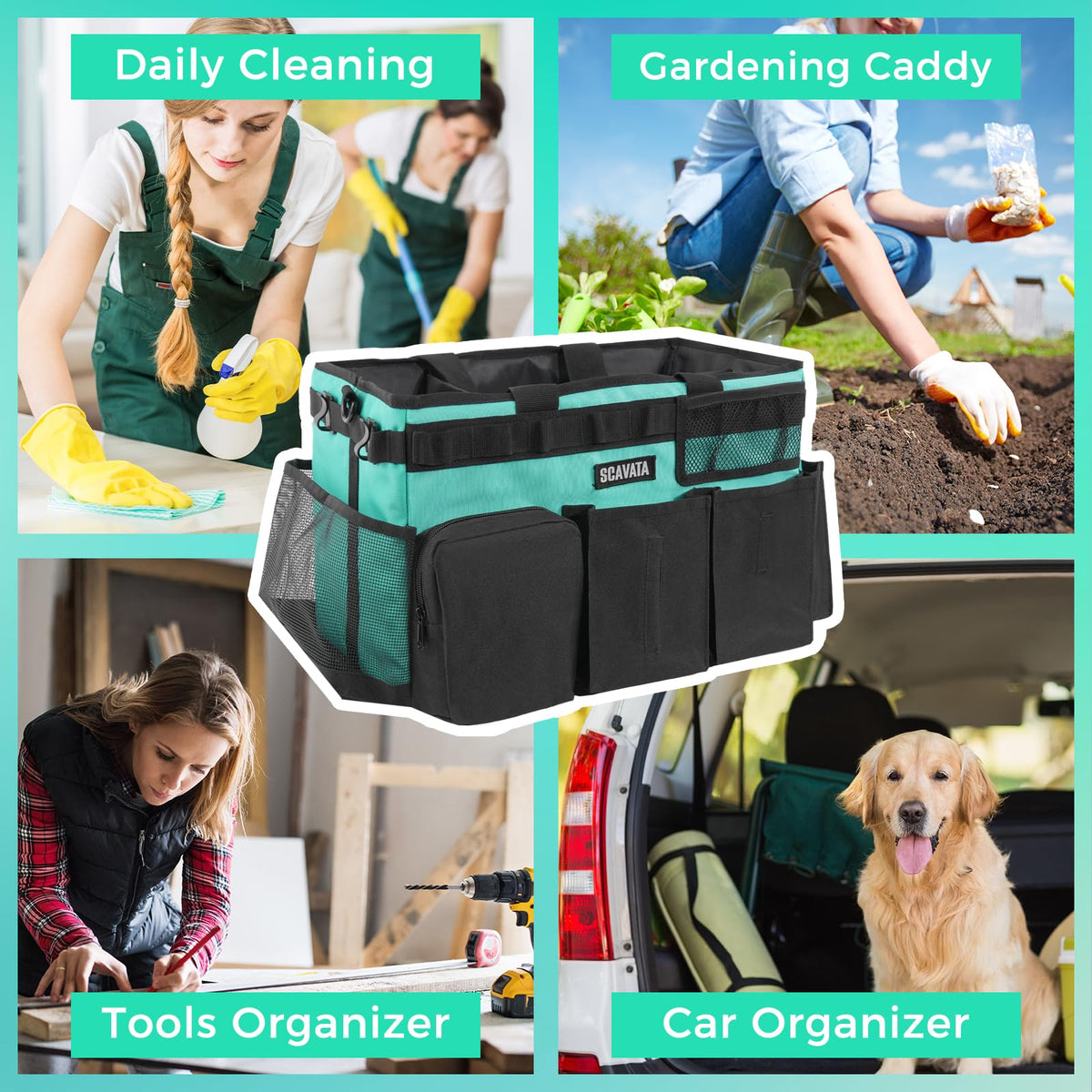 SCAVATA Wearable Caddy worn during housework or car cleaning for convenience.