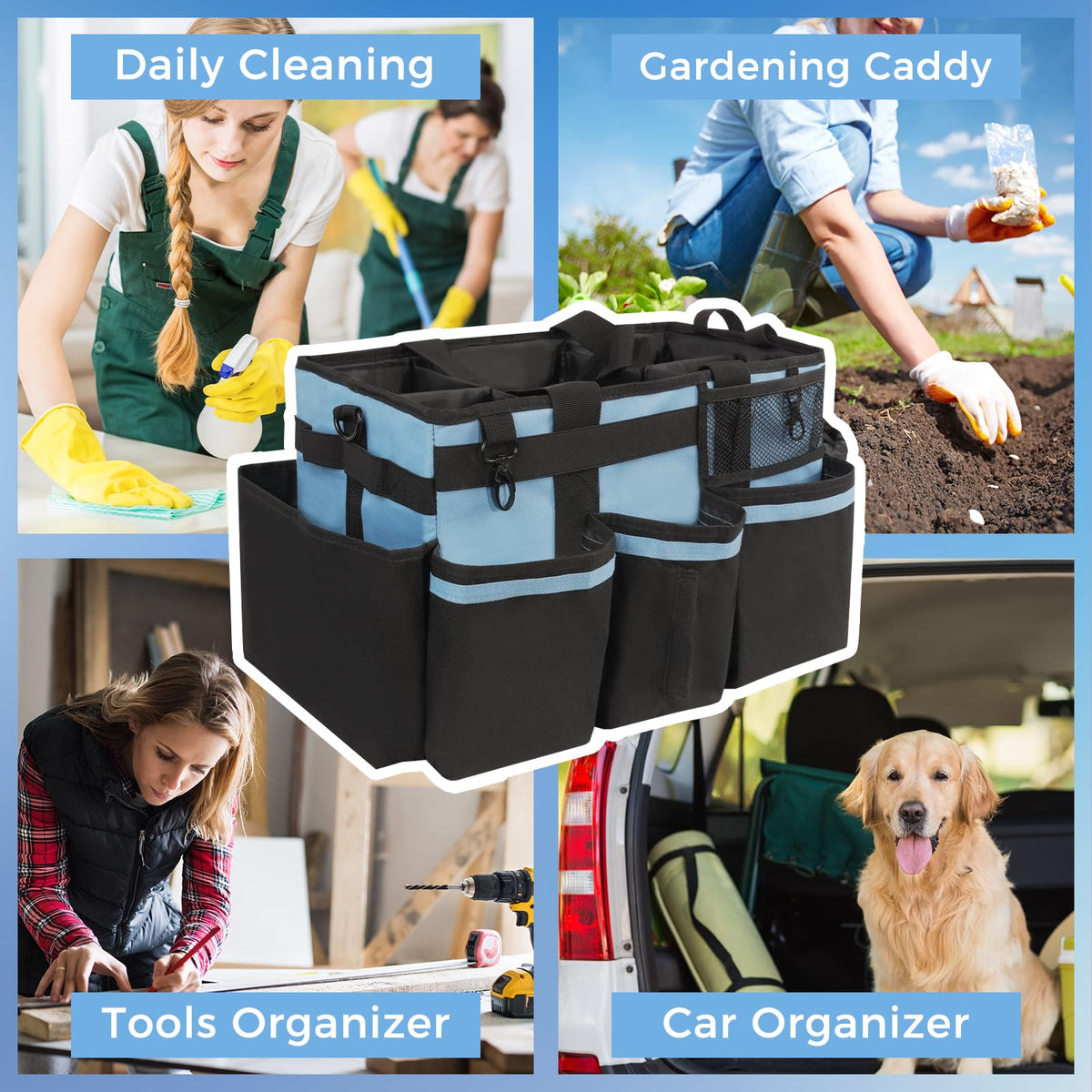 SCAVATA wearable caddy in blue suits home, car, and outdoor cleaning needs