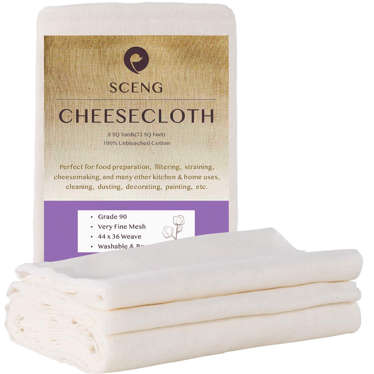 S.CENG Grade 90 cheesecloth packaging shows premium unbleached cotton for safe kitchen use.