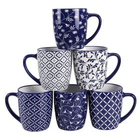 Schliersee 18 oz mug with blue-white geometric pattern, ideal for daily coffee.