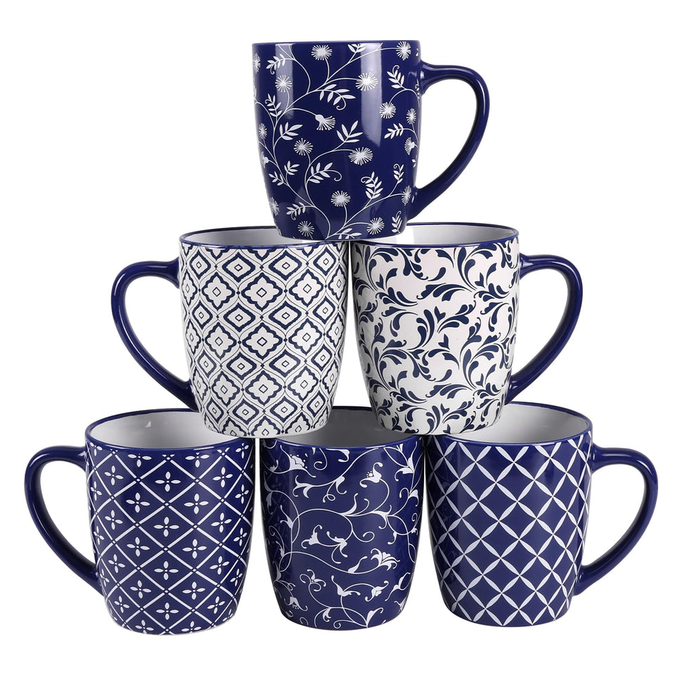 Schliersee 18 oz mug with blue-white geometric pattern, ideal for daily coffee.