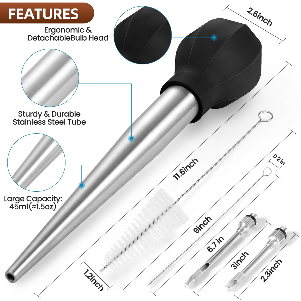 Large 45ml capacity SCHVUBENR baster captures more juices for fewer trips.