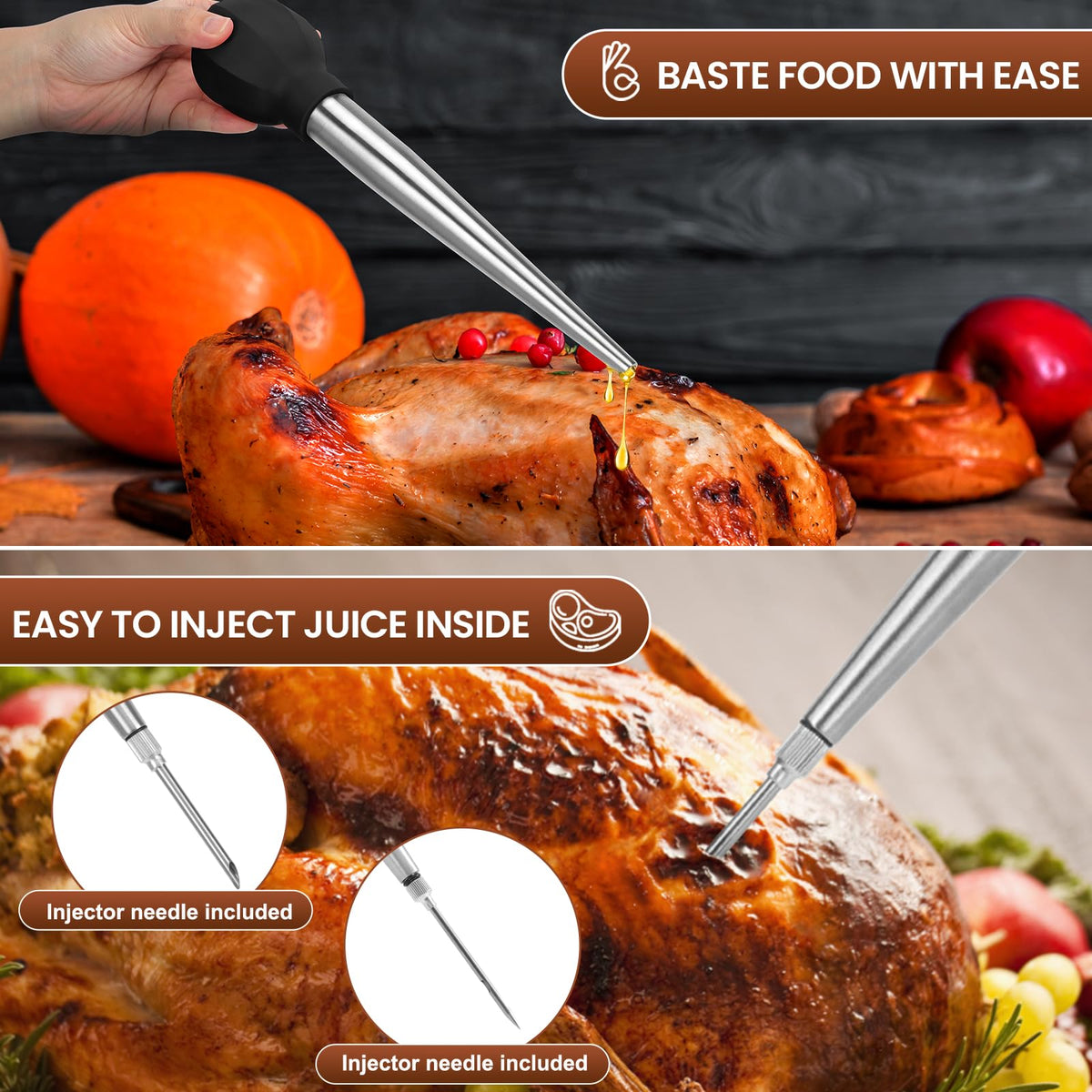 Dishwasher-safe SCHVUBENR turkey baster simplifies cleanup after cooking.