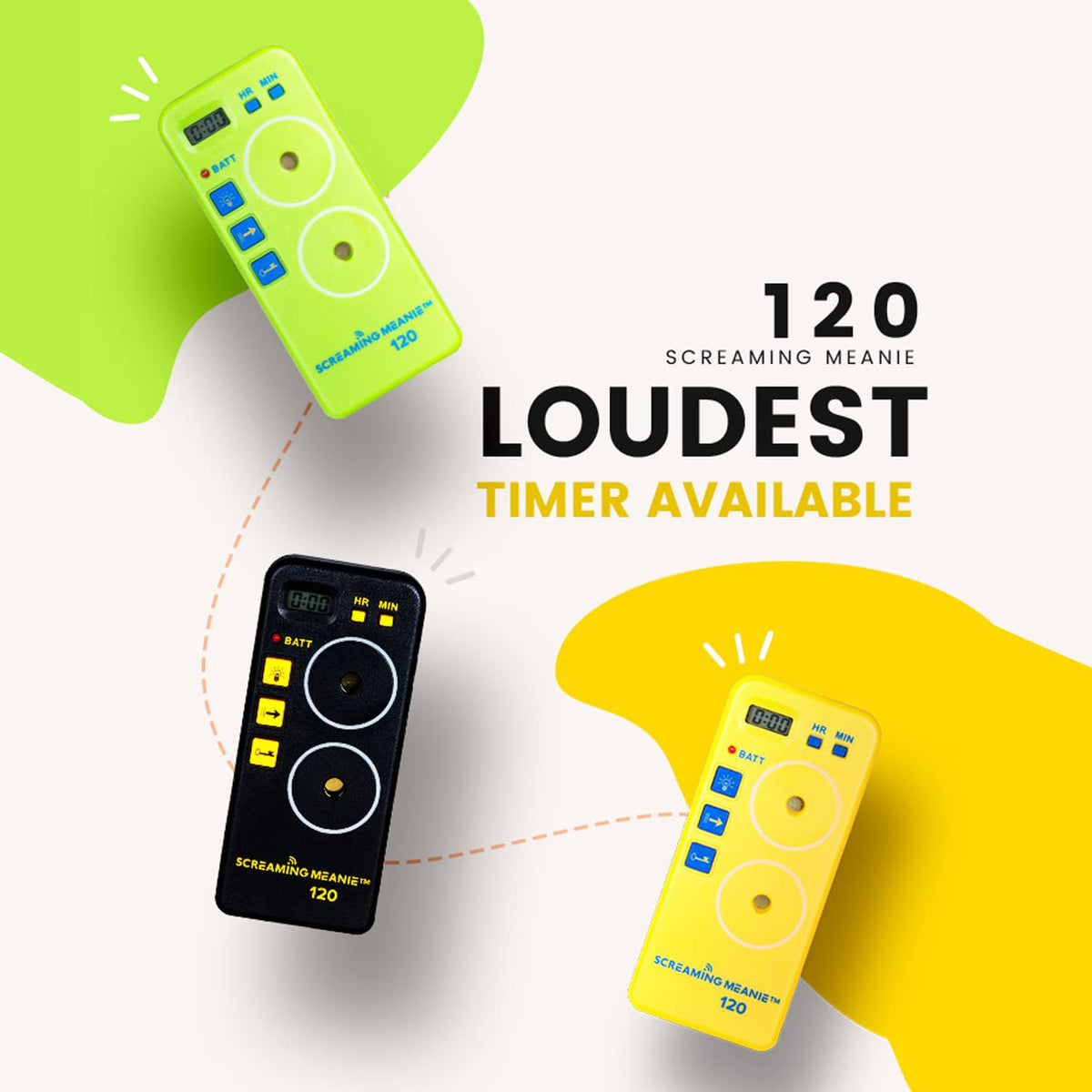Screaming Meanie TZ-120 side angle: portable timer for travel and on-the-go use.