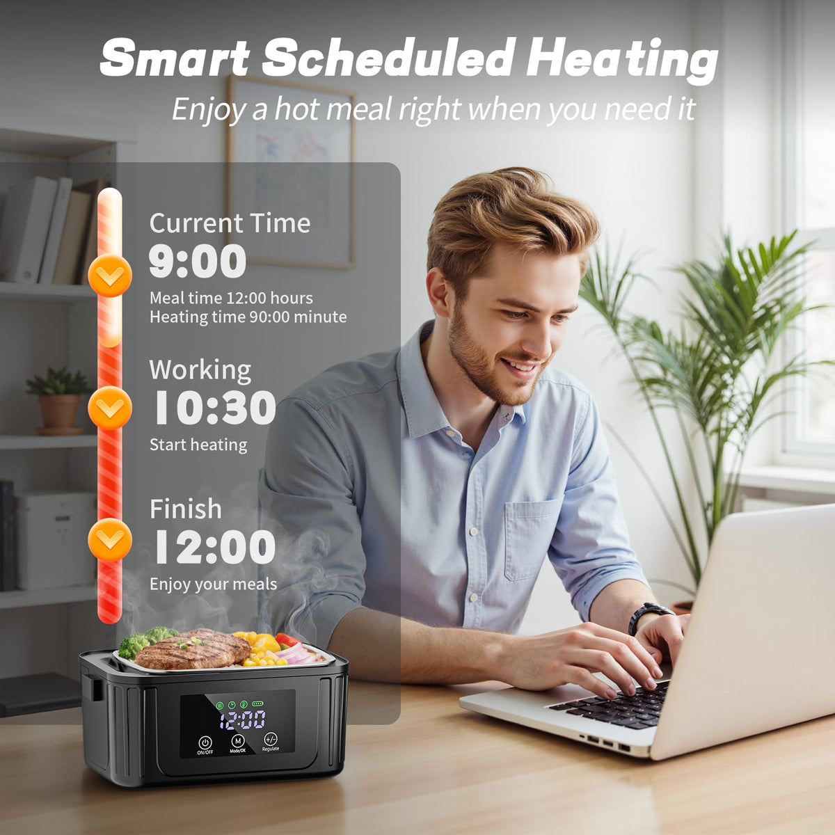 Scudra heated lunch box with clock scheduling and memory function for precise mealtimes