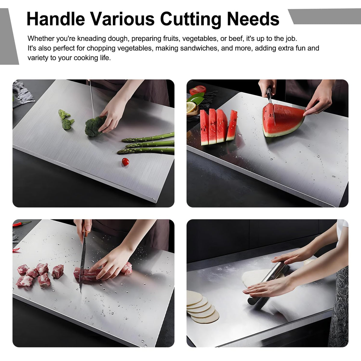 Scyllantric stainless steel cutting board, dishwasher-safe for effortless cleaning.