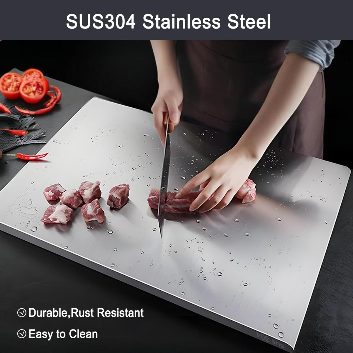 Scyllantric double-sided cutting board, meat-side and produce-side for hygiene and organization.