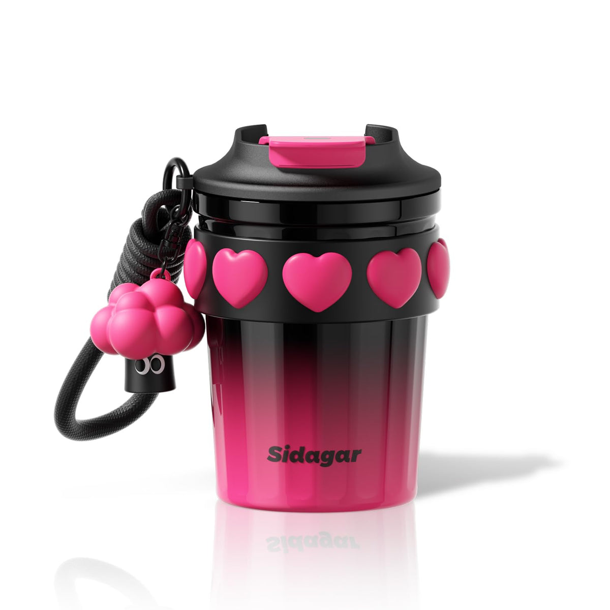 SDGA+ 12oz travel mug front view with lid for spill-free on-the-go use.