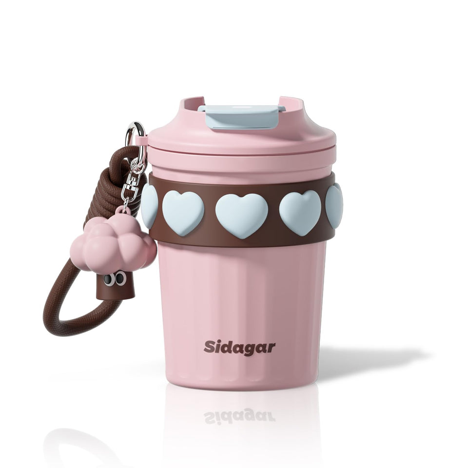 SDGA+ 12 oz travel mug with leak-proof lid for mess-free on-the-go sipping.