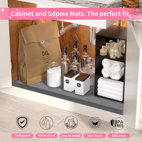 Sdpeia under-sink mat shows flexible fit for various cabinets.