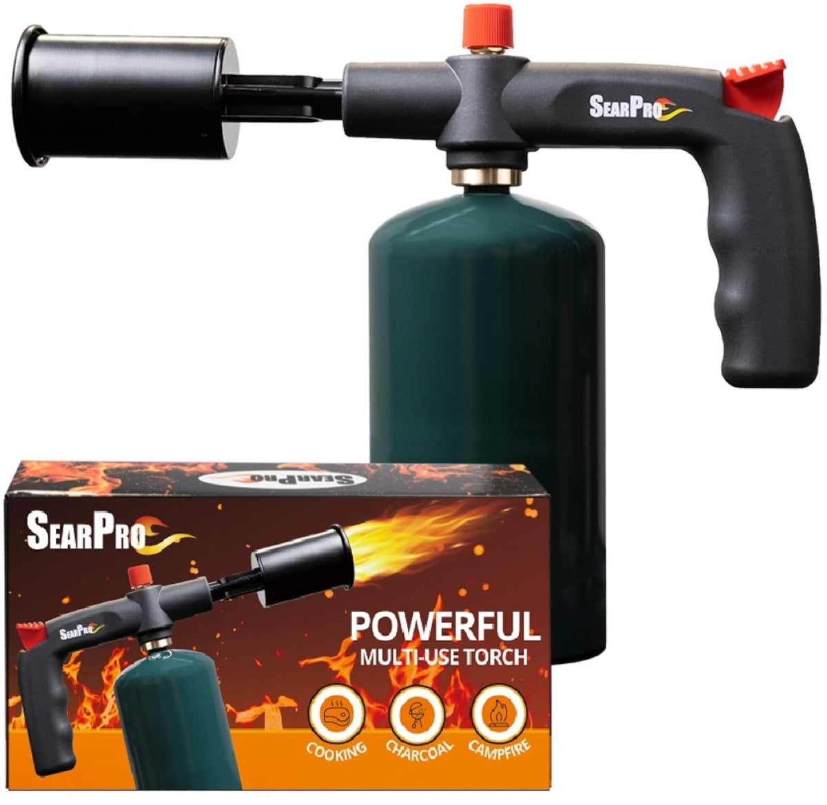 SearPro charcoal torch lighter in hand for quick searing and charcoal lighting.