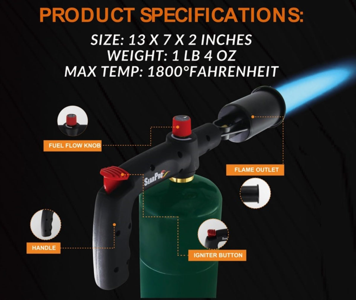 SearPro compatible with butane, MAP gas, and propane tanks for flexible fueling.