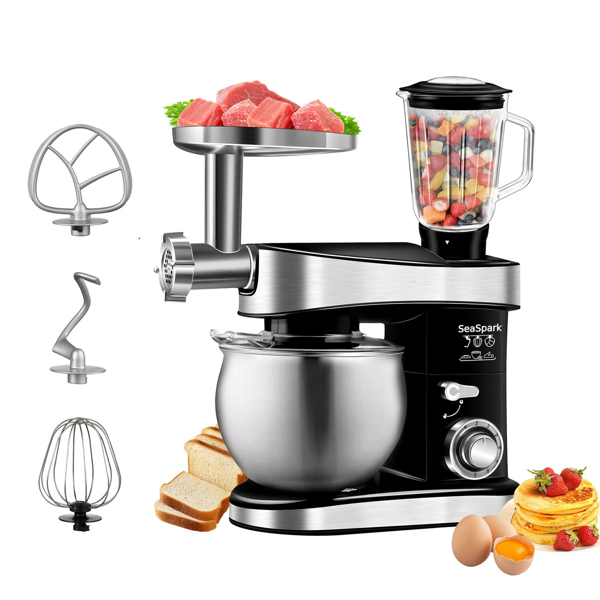 SeaSpark 6-in-1 stand mixer with tilt-head and stainless bowl for versatile home baking.