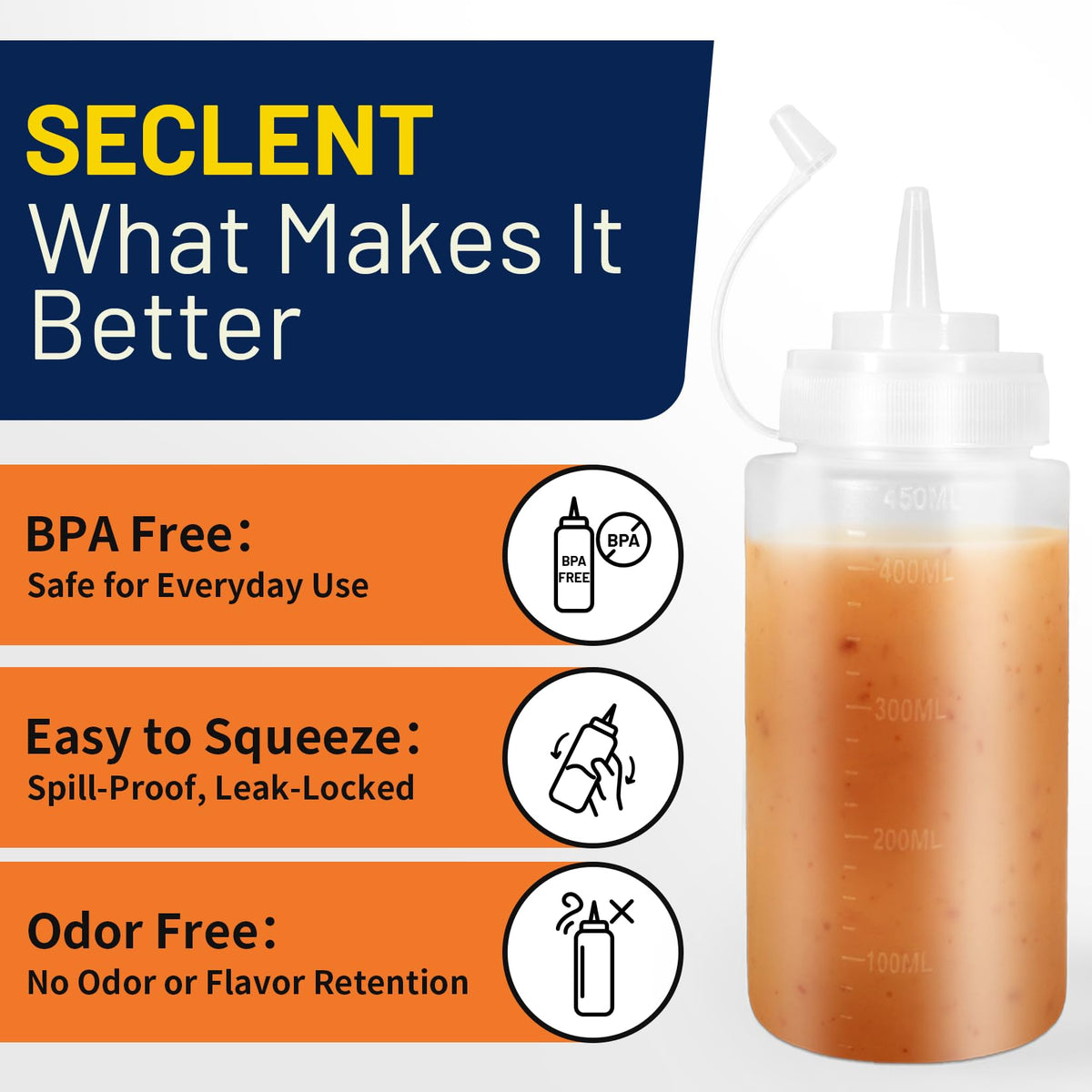 Close-up of SECLENT bottle showing wide mouth for easy refills
