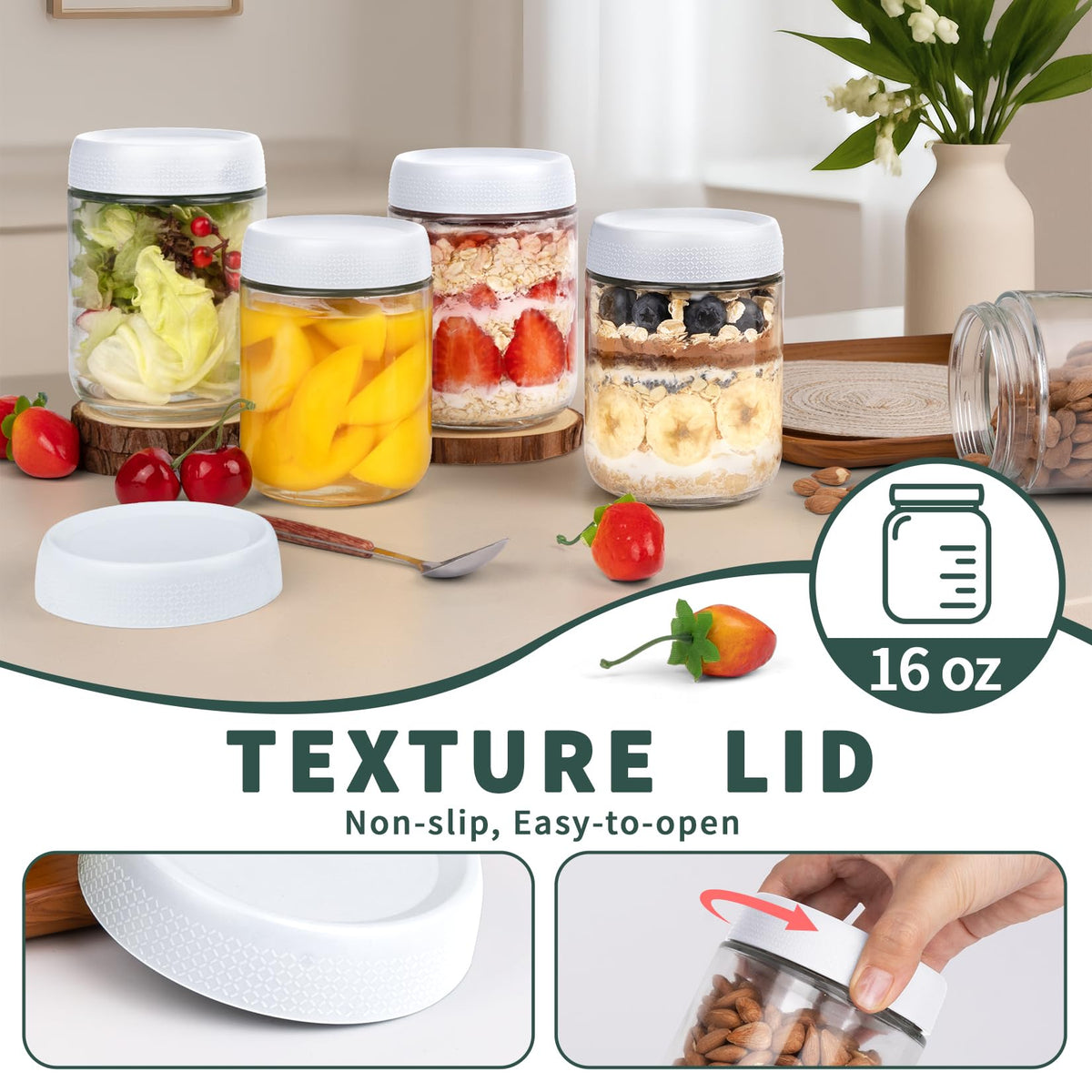 SECLENT 16oz oats jar with lid for overnight oats or yogurt prep