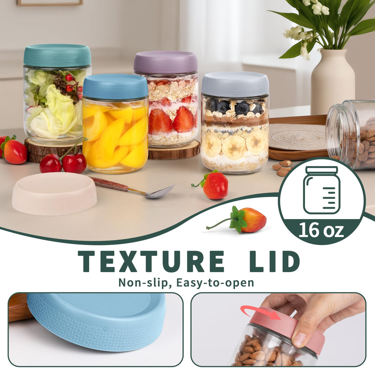 SECLENT wide-mouth mason jar 16oz for easy pouring and versatile storage.