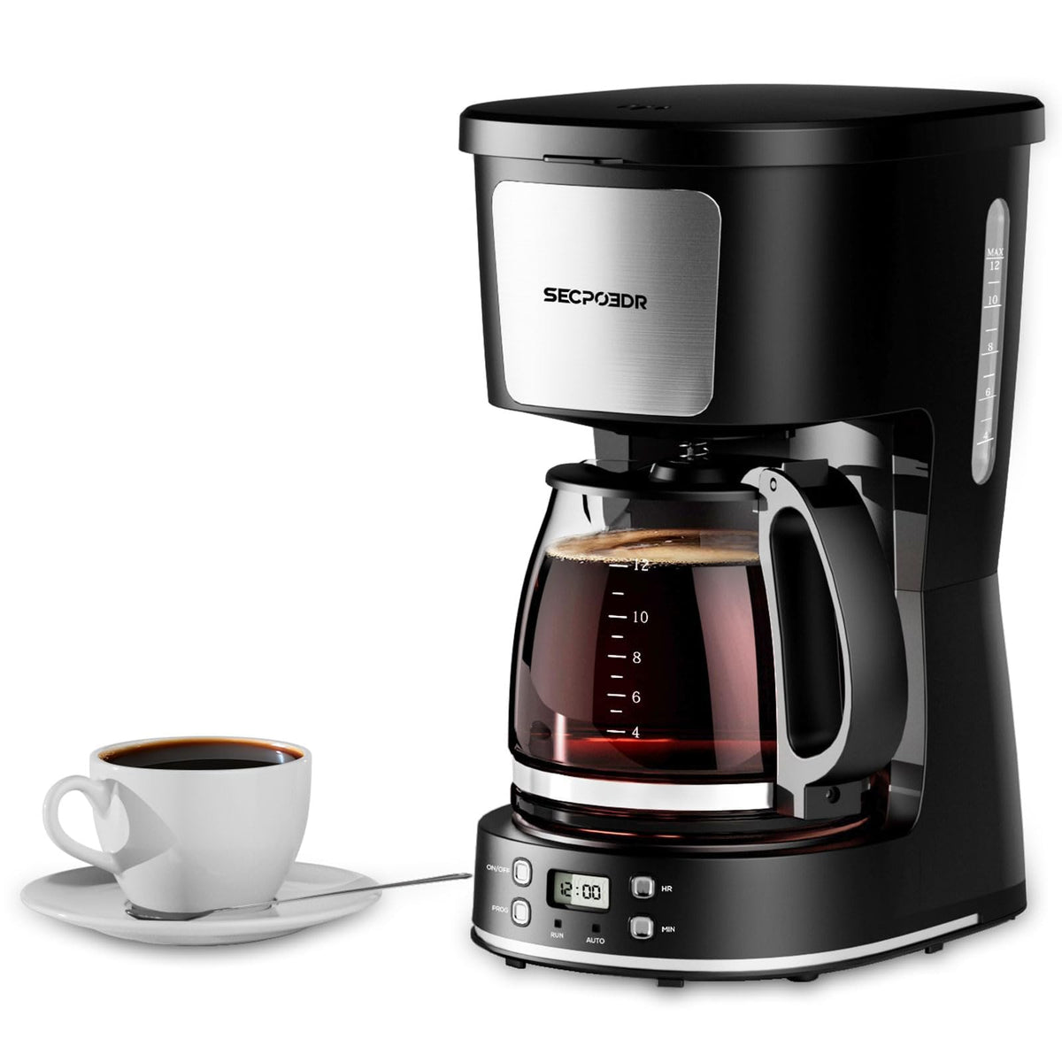SECPOEDR 12-cup drip coffee maker water tank showing level markers for easy brew planning.