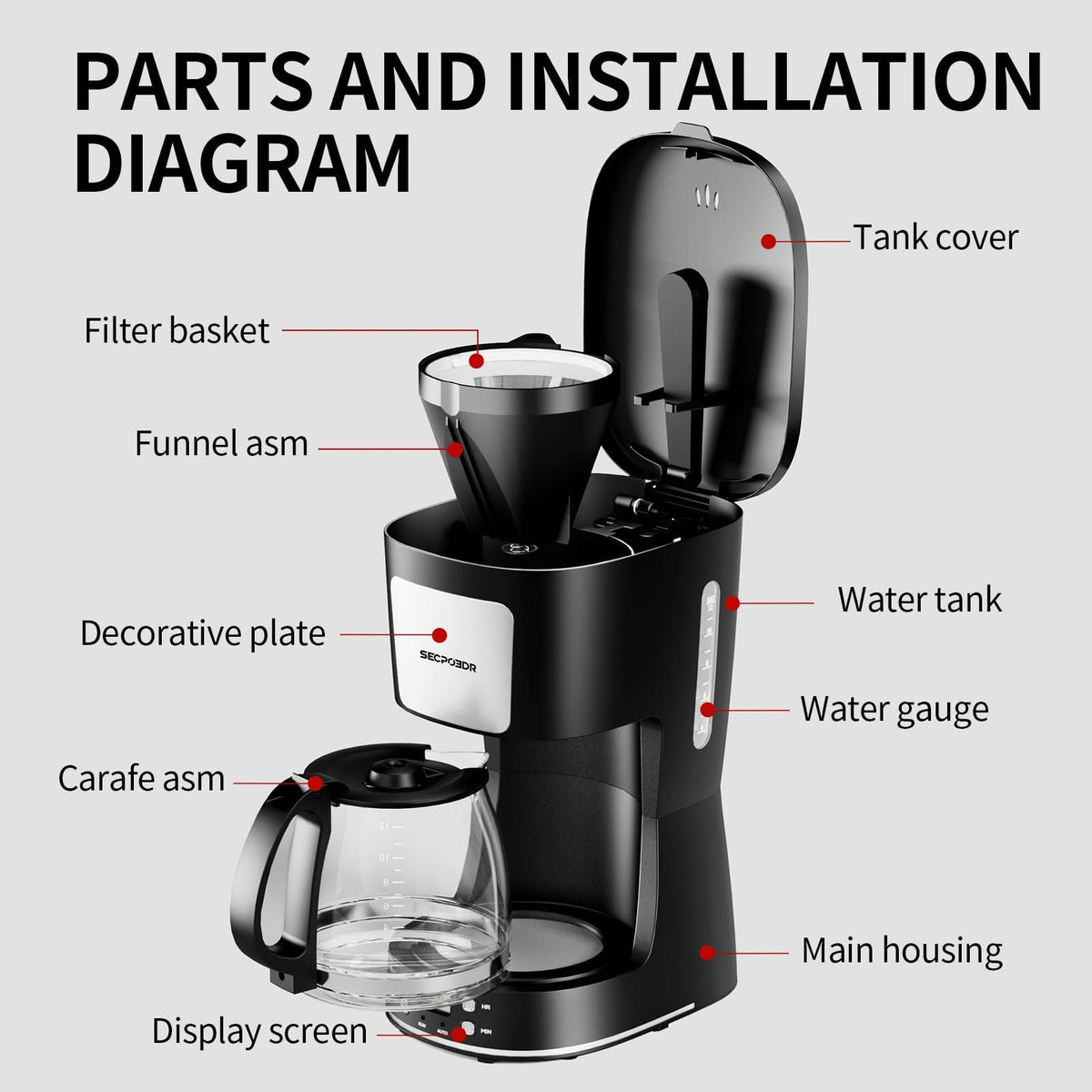 SECPOEDR 51oz water tank supports up to 12 cups for gatherings.