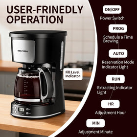 SECPOEDR auto brew and keep-warm keep coffee ready after brewing.