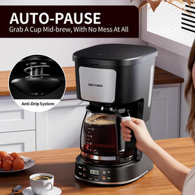 SECPOEDR glass carafe highlights anti-drip feature for clean, on-demand pouring.