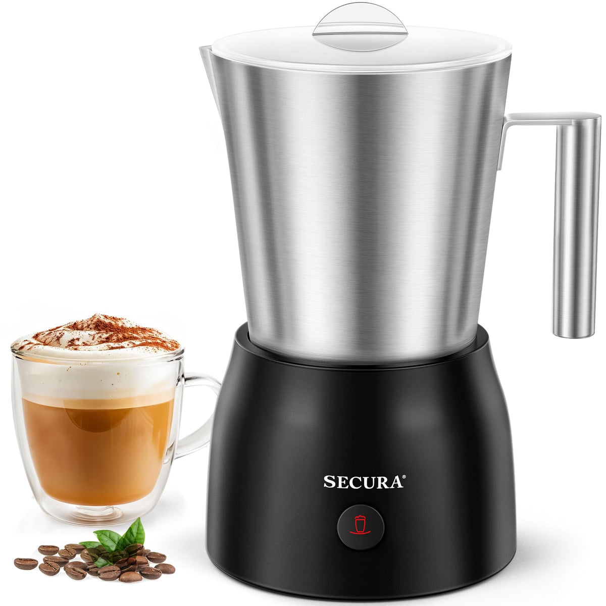 Secura 17oz electric milk frother base for mess-free latte prep.