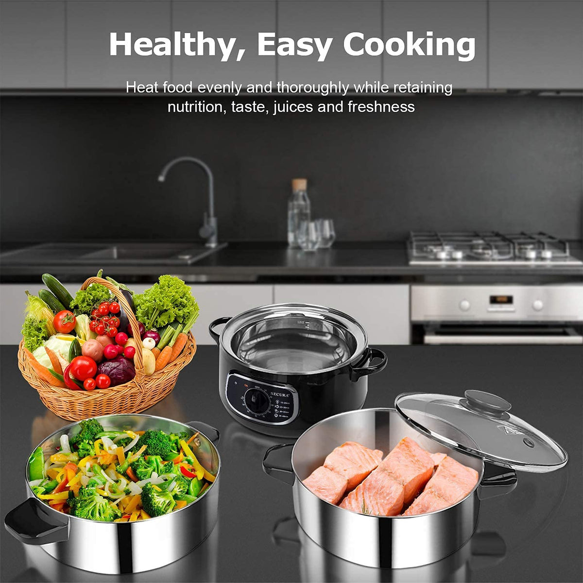 Secura 2 two-tier baskets maximize capacity for vegetables, fish, and grains