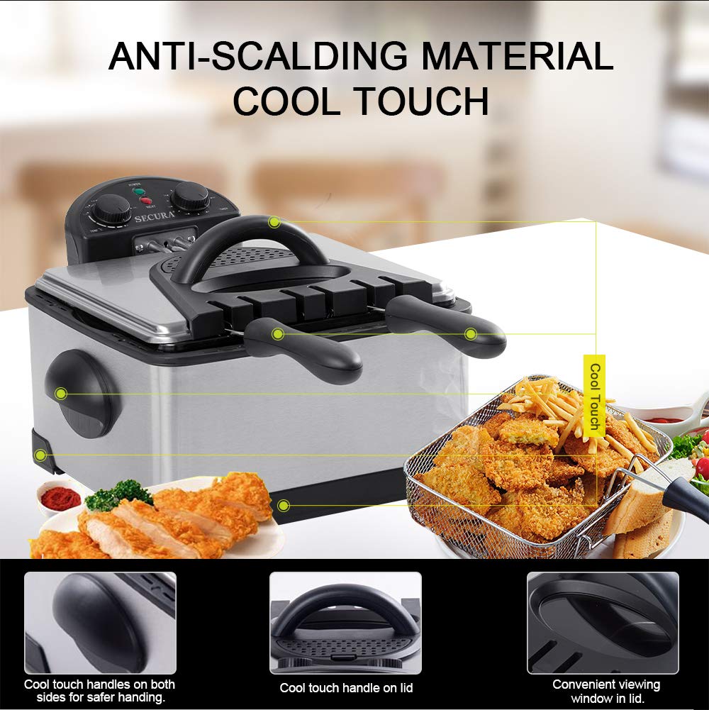 Secura 4L cool-touch exterior keeps hands safe during busy frying.