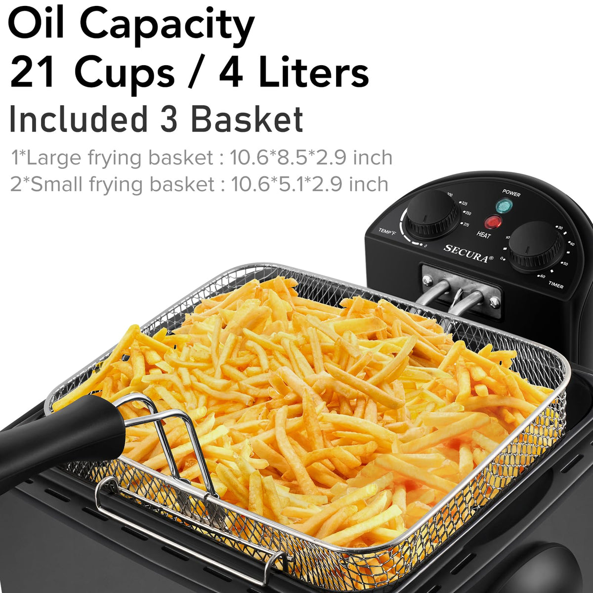 Secura 4L deep fryer odor-filter visible during frying.