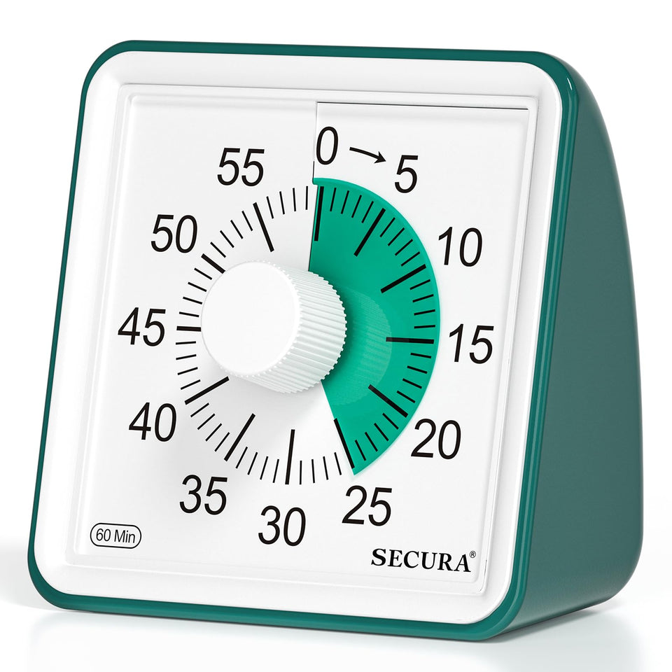 Secura 60-minute timer dial showing visual countdown for study sessions