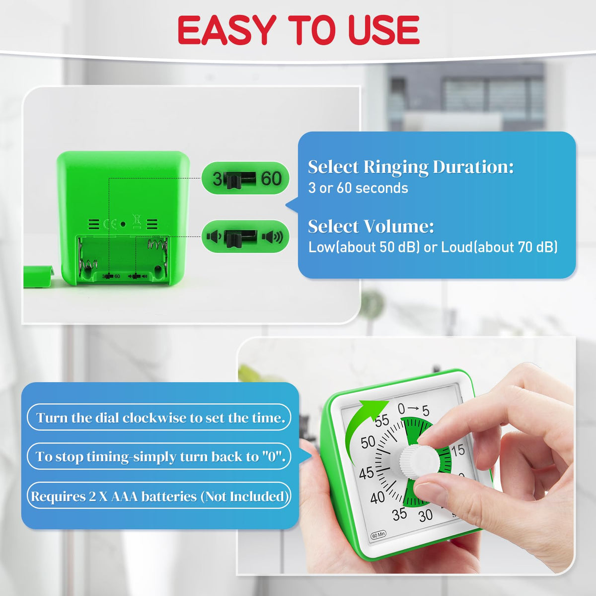 Secura 60-minute timer green disc visual aids focused study and task pacing.