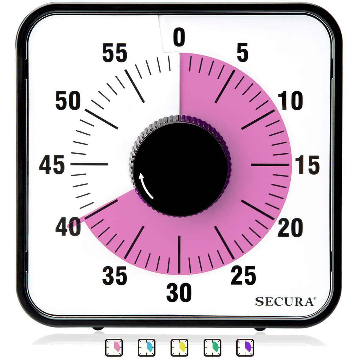 Secura 60-Minute timer dial closeup shows intuitive countdown for classroom or kitchen tasks.