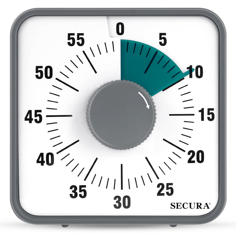 Secura 7.5 inch visual timer front view showing the dial and blue countdown disc