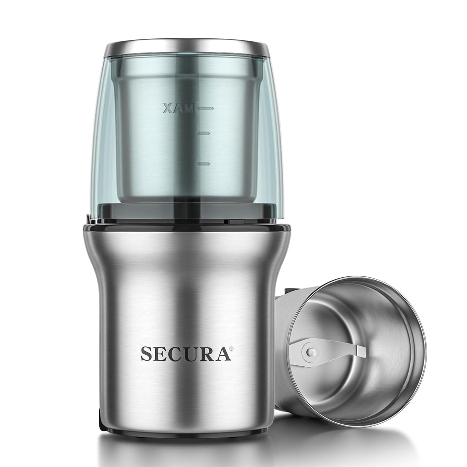 Secura coffee grinder front view highlights a durable stainless design for daily grinding.