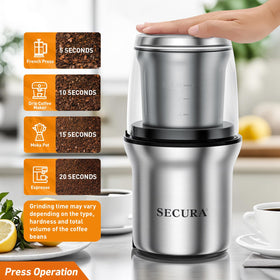Secura coffee grinder removable bowl shows easy cleaning and dishwasher compatibility.