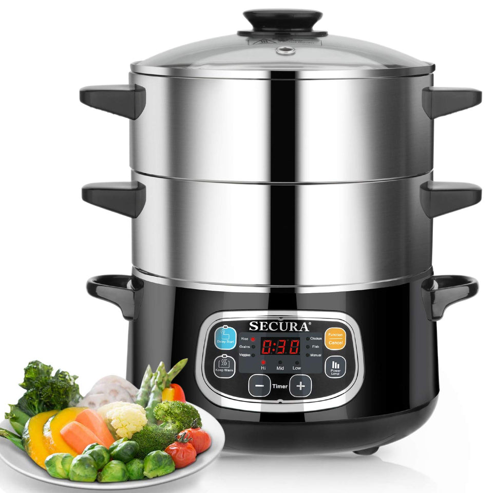 Secura electric steamer front view with digital controls for fast meals.