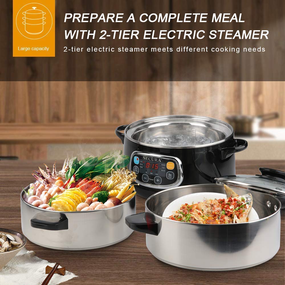 Secura electric steamer glass lid water line for safe use.