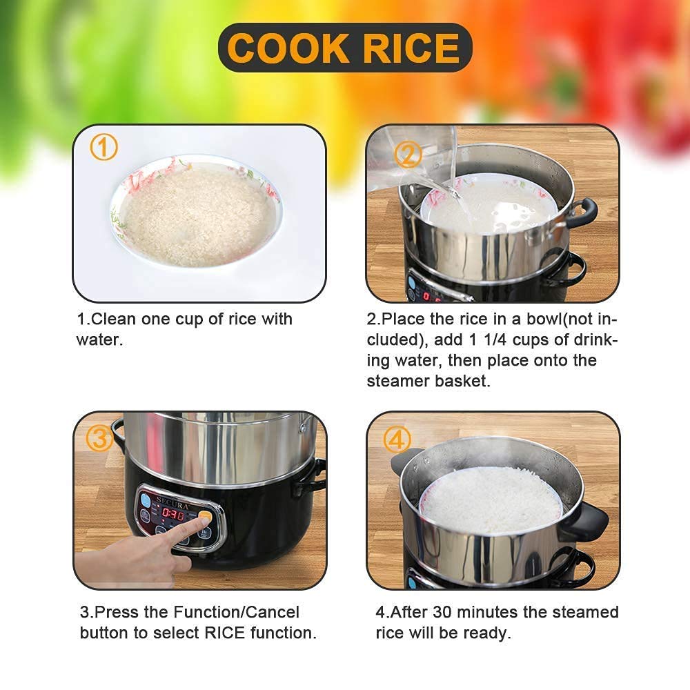 Secura electric steamer keep-warm feature preserves serving temperature.